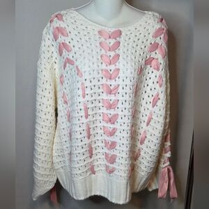 for love & lemons Laurel Sweater NWT Woven pink ribbon Sz S